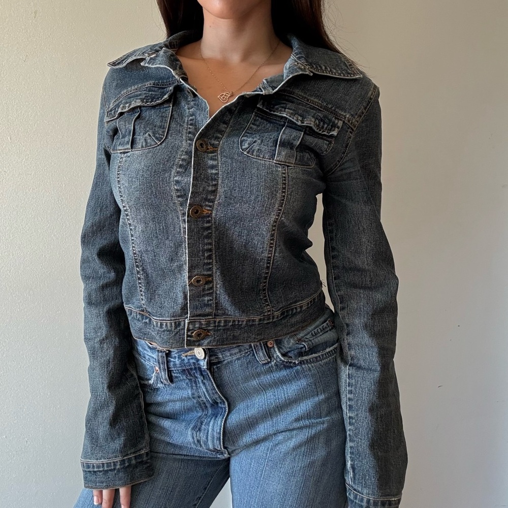 1990s Faded Fitted Denim Jacket -Grunge Y2K Jean Jacket — Small - Picture 6 of 7